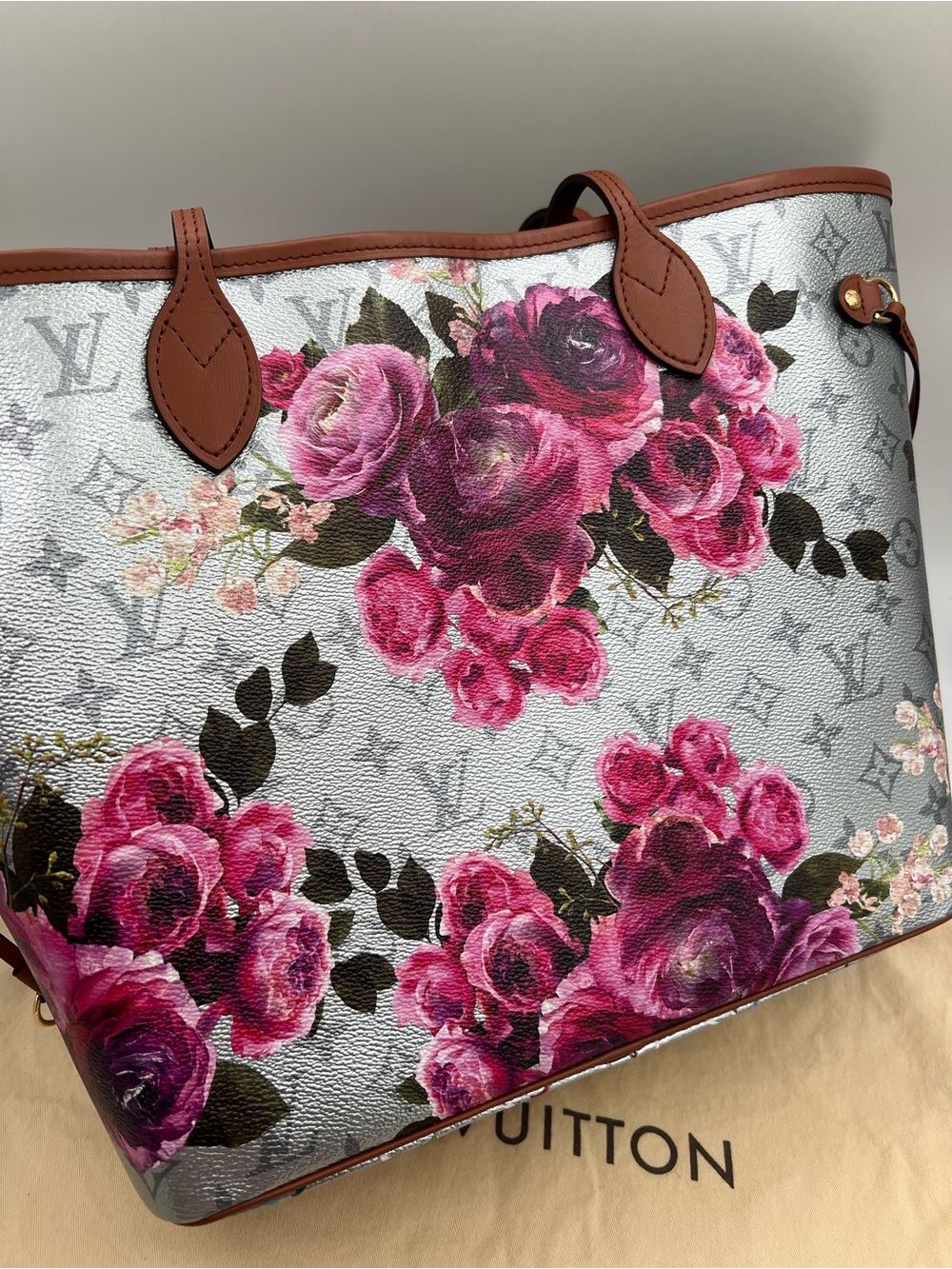 LOUIS VUITTON NEVERFULL MM GARDEN FLOWER ROSES SILVER Metallic BAG Pouch RARE😍🔥 - Picture 5 of 16